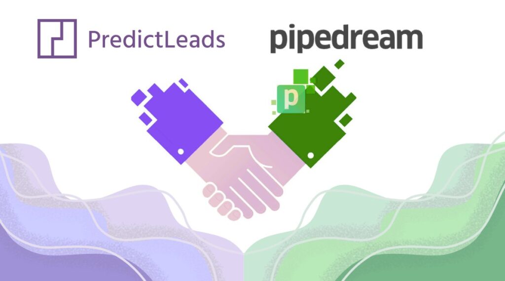 PredictLeads and Pipedream logos above an illustration of two stylized hands forming a handshake, symbolizing integration and partnership between the platforms