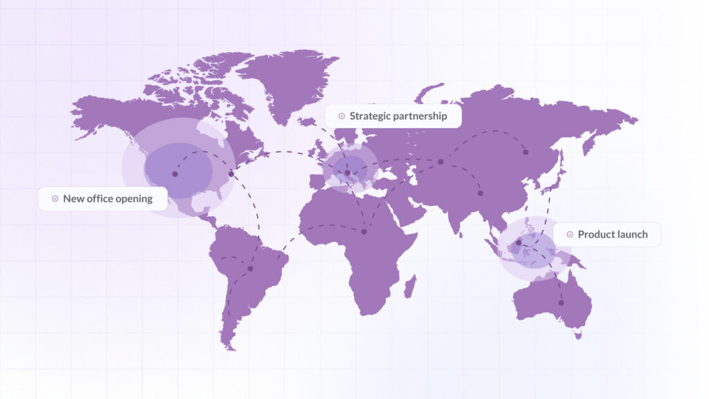 World map visualizing global company expansion signals, including new office openings, strategic partnerships, and product launches across multiple regions.