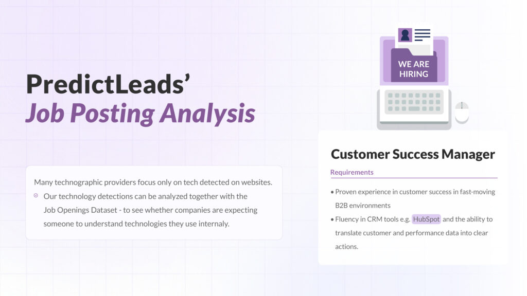 PredictLeads job posting analysis showing how hiring data reveals company technology usage and operational signals.
