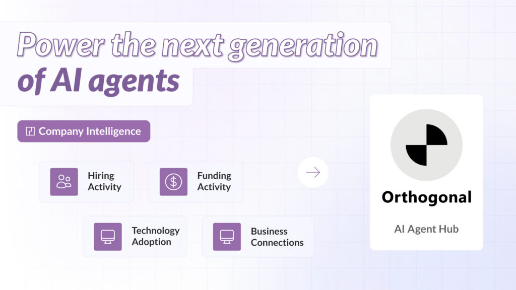 PredictLeads company intelligence signals such as hiring activity, funding events, technology adoption, and business connections integrated into the Orthogonal AI Agent Hub.