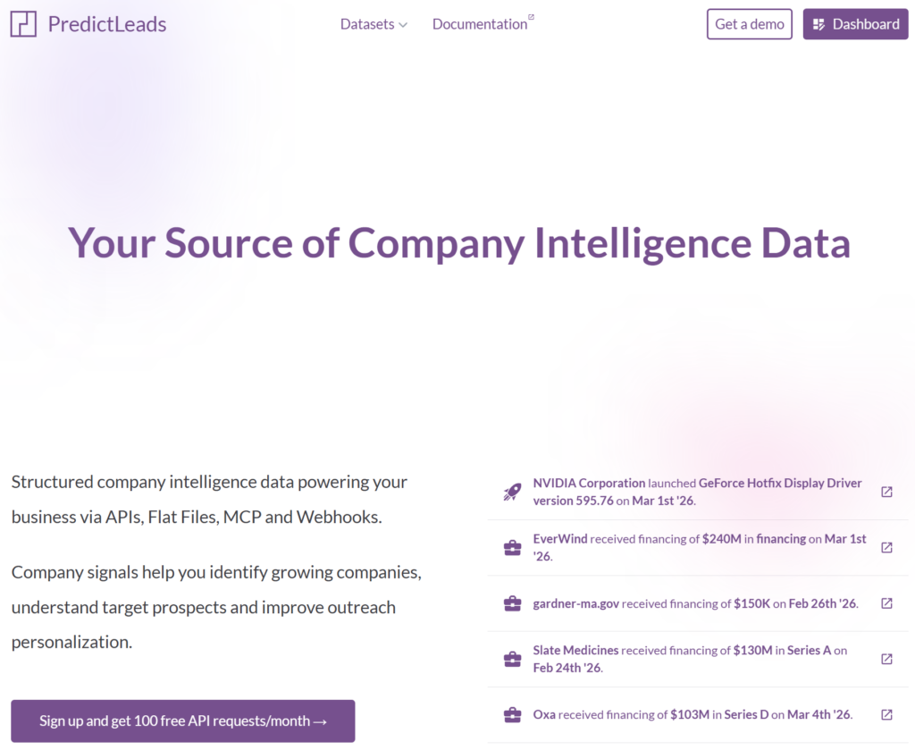 PredictLeads website providing technographic data and company intelligence signals