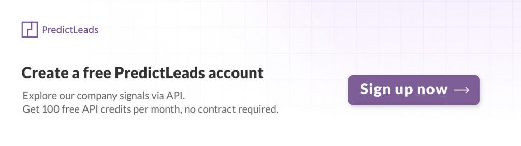 Owler alternative call-to-action banner inviting users to create a free PredictLeads account with 100 free API credits per month.
